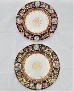 An antique pair of Ashworth Brothers Real Ironstone China Dinner Plates transfer printed and hand coloured in an Imari style pattern number B 1304 circa 1870