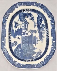 Antique Cambrian Pottery pearlware blue and white transferware meat plate platter Ashet printed Long Bridge Pattern circa 1800 52 cm wide