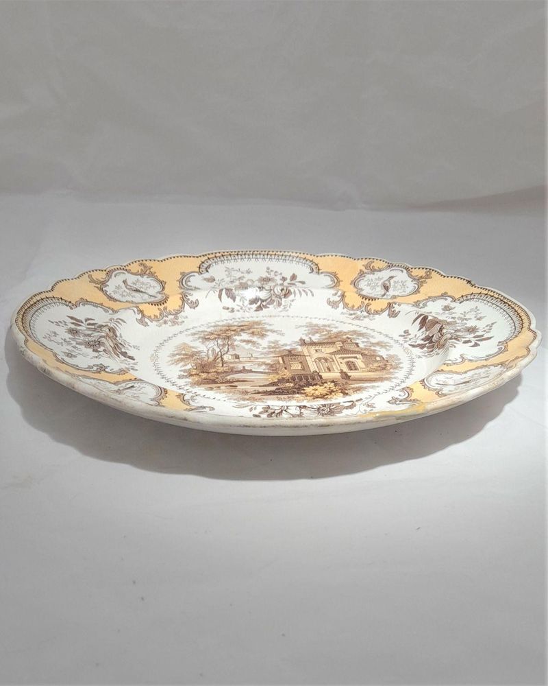 Antique John Ridgway Yellow & Brown Dinner Plate Villa Pattern Stone Ware circa 1830s - Bi colour transfer ware printed Italianate landscape 26.7 cm diameter