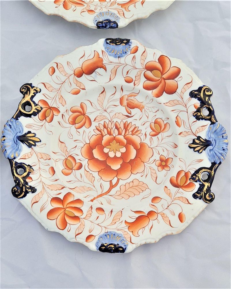 Antique New Hall Porcelain Inverted Shell or Dropped Shell Dessert Service - 9 pieces - Hand Painted Imari Pattern low relief moulded - Antique ca 1820 - 4 kg