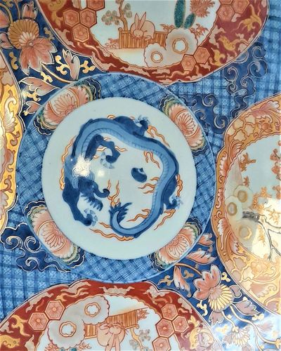 Large antique Japanese Arita porcelain charger decorated with hand painted hares & tree ferns  with a central dragon chasing a flaming pearl - circa 1870 in the 19th century Japanese Meiji period - 47 cm diameter 3.43 kg unpacked