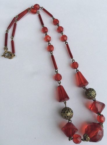 Antique Art Deco Ruby Red Glass and Filigree Beads Necklace Czechoslovakia Mark