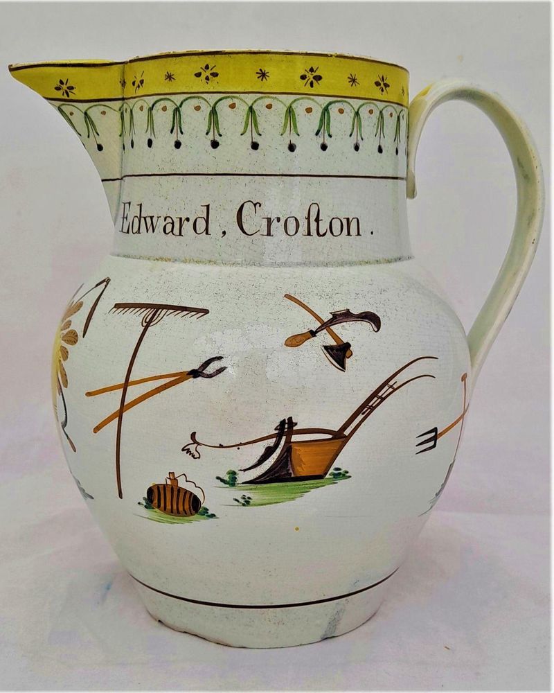 Pearlware high temperature underglaze decorated jug painted name - Edward Croston and farm implement  - Antique circa 1800 - prattware - capacity 2.5 pints or 1.45 litres - 17.5 cm high
