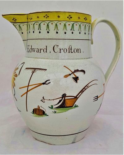 Pearlware high temperature underglaze decorated jug painted name - Edward Croston and farm implement  - Antique circa 1800 - prattware - capacity 2.5 pints or 1.45 litres - 17.5 cm high