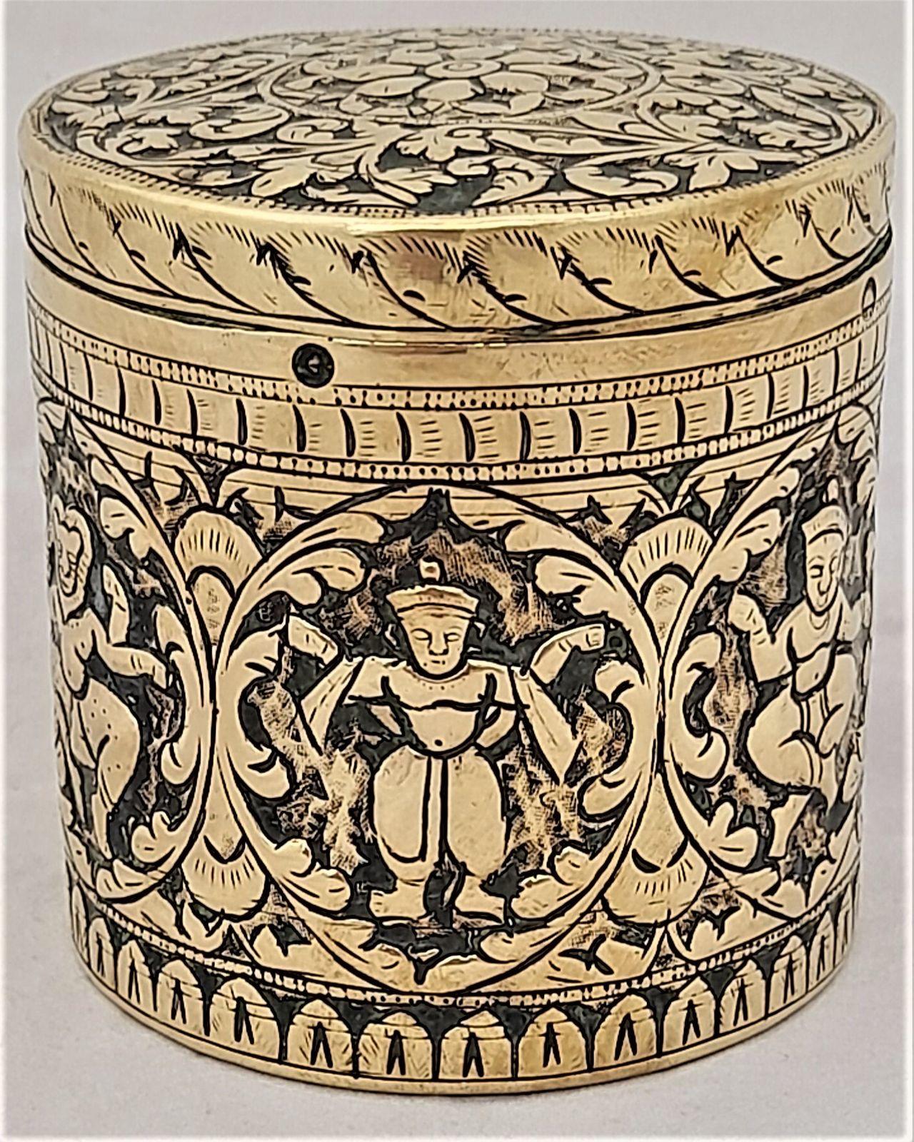 Antique Indian Brass lidded box chased decorated Hindu Vishnu - 19th C - avatars Matsya Kurma Varaha Narasimha British Raj cylindrical spice 6.8 cm H