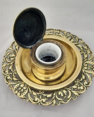 Antique neo rococo style brass hinged lidded inkwell with liner & pen stand cast rococo scroll decoration circa 1870