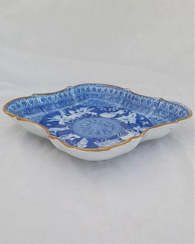 Antique Herculaneum Pottery Greek pattern blue & white transferware on a pearlware square cusped dessert dish circa 1810 - 3.5 cm high  18.7 cm square 315 grammes unpacked
