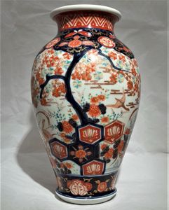 Japanese antique Arita porcelain vase from the Meiji Period decorated in the Imari palette with painted geese trees blossom kikko mons 19th C 24.5 cm