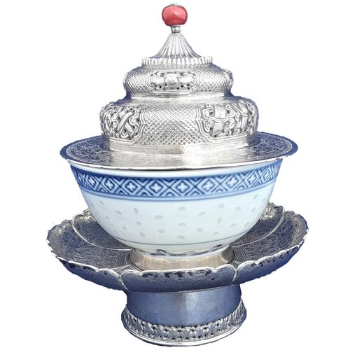 Tibetan 19thC Antique Silver Alloy Tea Bowl Stand & Cover or Dhakya Decorated with Bats & Buddhist Emblems chased & embossed - later porcelain bowl