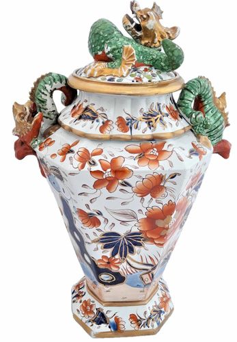 Antique Masons Patent Ironstone China alcove vase hand painted Fence Japan pattern potpourri circa 1815 Dragon handles Regency early 19thC 54cm 7.6kg