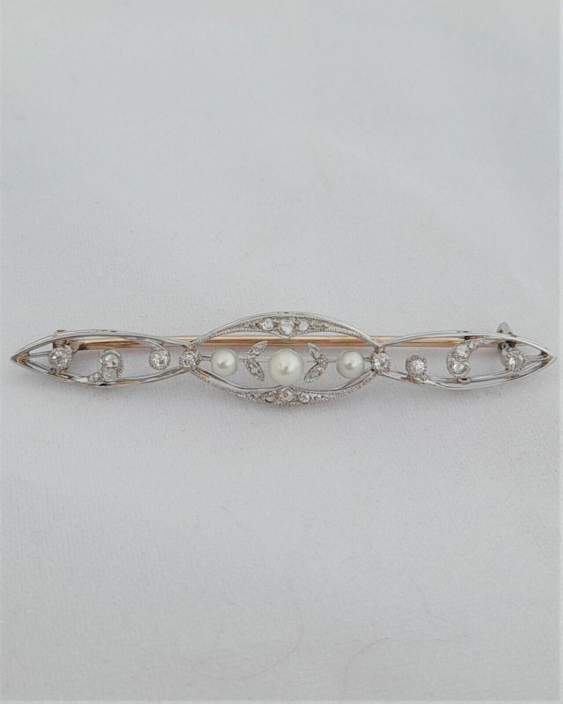 Antique Edwardian 18ct White and Yellow Gold Bar Brooch set with Diamonds  and Natural Pearls