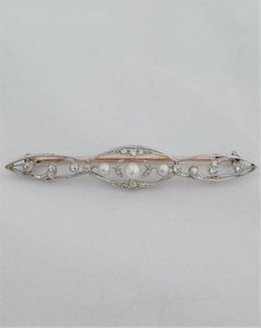 Antique Edwardian 18ct White and Yellow Gold Bar Brooch set with Diamonds  and Natural Pearls