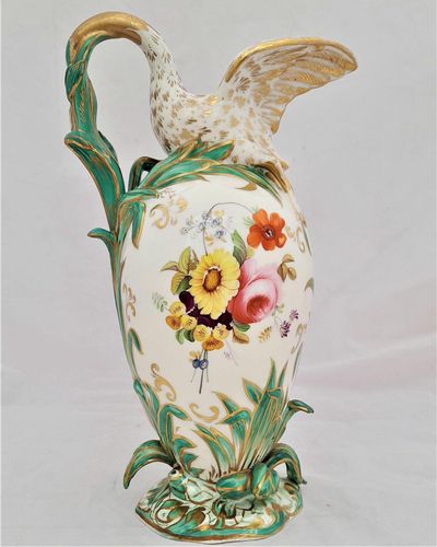 Antique Regency Daniel & Son Porcelain Swan lipped Vase Ewer or Jug Hand Painted Botanicals circa 1825. Made by Henry & Richard Daniel Shelton Staffordshire. 242mm high weighs 516 grammes unpacked.