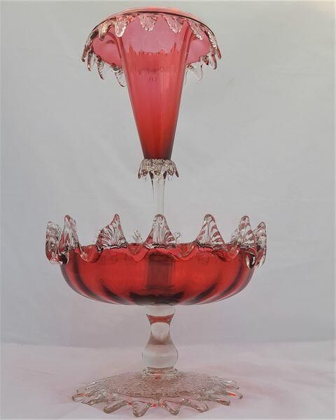 Antique Large Ruby Glass Table Centrepiece or Epergne Stand & Ruby Glass Trumpet circa 1880 - Applied crimped leaf & embossed daisy decoration 42cm High 2.4 kg