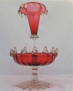 Antique Large Ruby Glass Table Centrepiece or Epergne Stand & Ruby Glass Trumpet circa 1880 - Applied crimped leaf & embossed daisy decoration 42cm High 2.4 kg