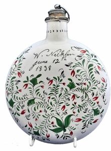 Pearlware Prattware Spirit Flask Inscribed W. Nicklin June 12th 1838 - Antique Pilgrim Flask high temperature underglaze colours green black & red
