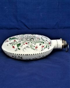 Pearlware Prattware Spirit Flask Inscribed W. Nicklin June 12th 1838 - Antique Pilgrim Flask high temperature underglaze colours green black & red