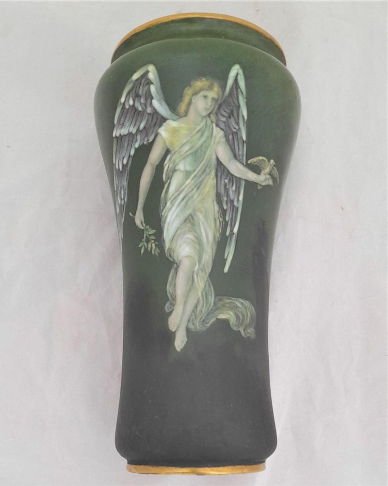 Antique Derby Porcelain Vase Hand Painted Angel of Peace - W Lambert - Old Crown Derby China Works in King Street Derby made in the William Larcombe period after Sampson Hancock Antique circa 1915 20cm high