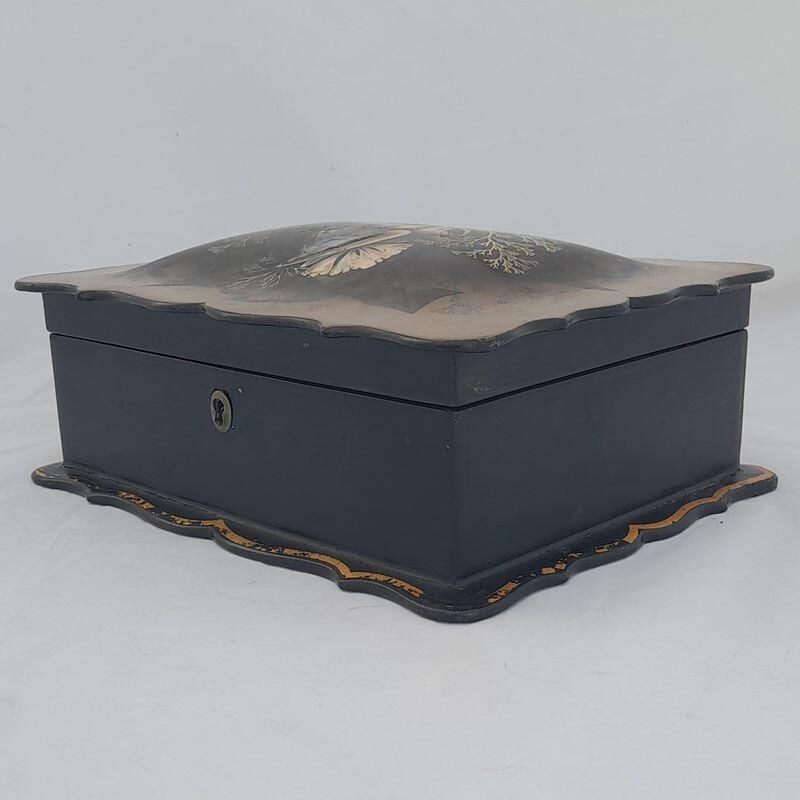 Right front - Papier Mache Jewellery Box scalloped rim & hand painted Shells Seaweed & kelp design with Inlaid Mother of Pearl - Antique Victorian Conchology c 1850