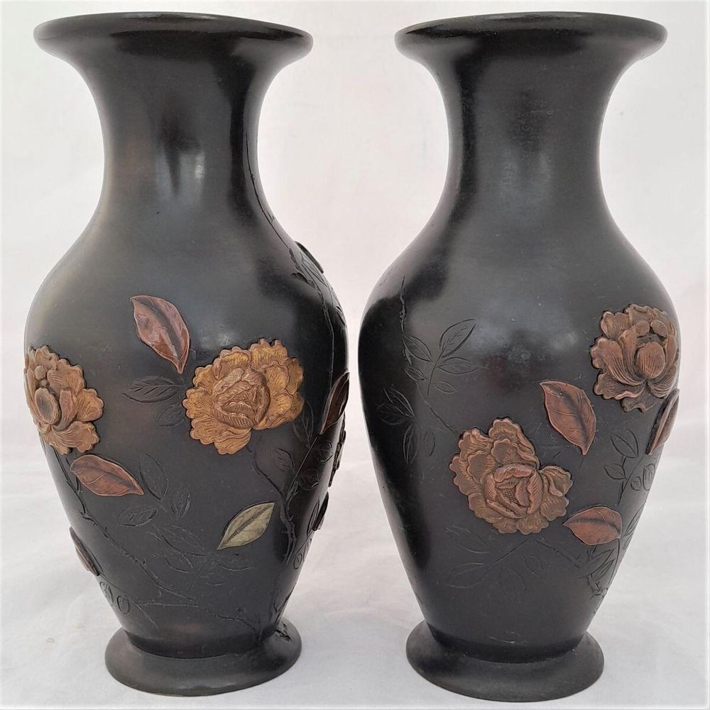 Left front -Japanese Patinated Bronze Vases in Mixed Metal - Antique Meiji Period circa 1900 - inverted baluster decorated with rose flowers - Shakudo 18 cm high