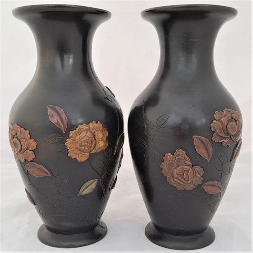 Left front -Japanese Patinated Bronze Vases in Mixed Metal - Antique Meiji Period circa 1900 - inverted baluster decorated with rose flowers - Shakudo 18 cm high