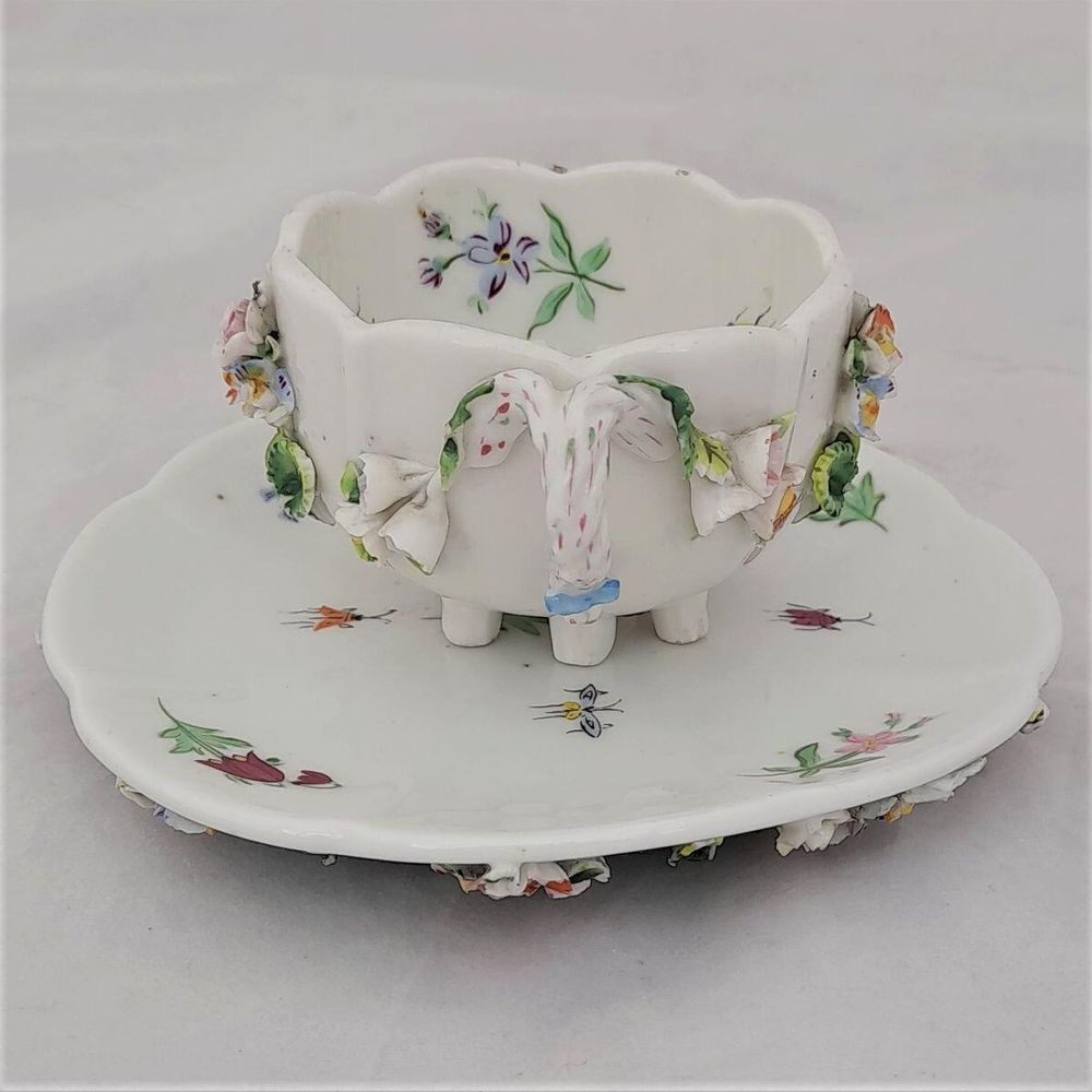 right - Dresden porcelain cup & saucer applied flowers hand painted insects antique late 19th C - lobed shape on six stilt feet - Meissen style - monogram JR