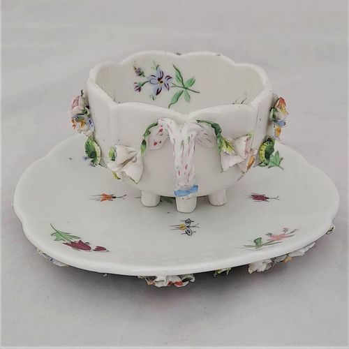 right - Dresden porcelain cup & saucer applied flowers hand painted insects antique late 19th C - lobed shape on six stilt feet - Meissen style - monogram JR