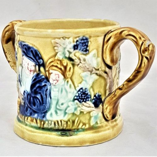 Front right - jolly Topers -Novelty Frog Loving Cup Jolly Topers - Prattware underglaze coloured - Kilnhurst Pottery Yorkshire - moulded The Miser & Grapevines - Antique c 1860