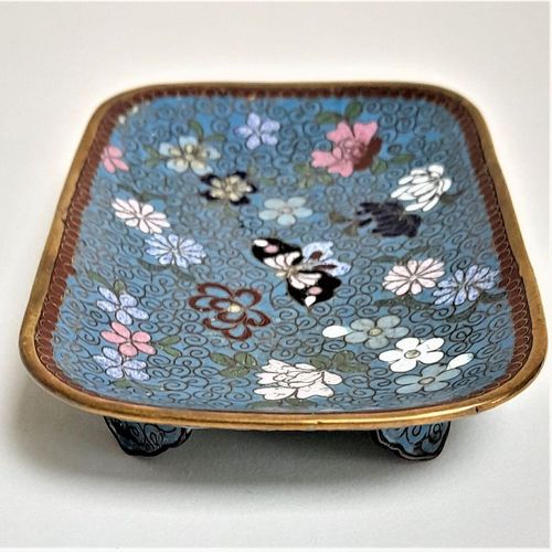 Left view - Japanese shippo cloisonne turquoise enamel bracket footed small rectangular dish decorated with butterfly & flowers - Antique Meiji period circa 1900