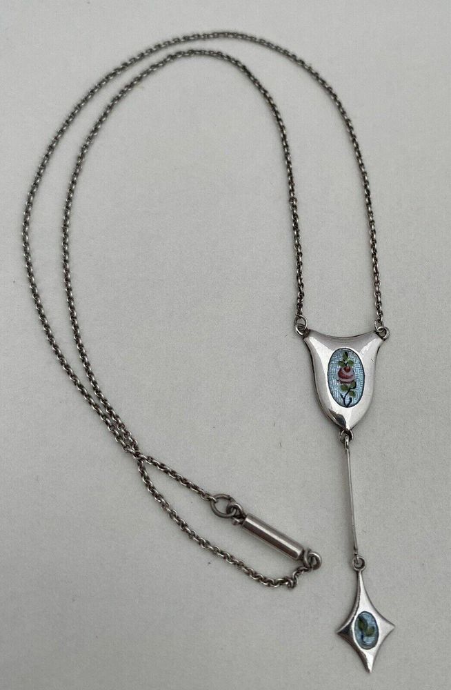 Antique Silver & Enamel Charles Horner Dropper Necklace Pink Rose Spray on Pale Blue Guilloche Enamel circa 1915