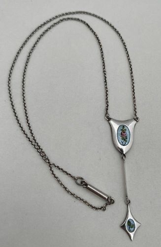 Antique Silver & Enamel Charles Horner Dropper Necklace Pink Rose Spray on Pale Blue Guilloche Enamel circa 1915