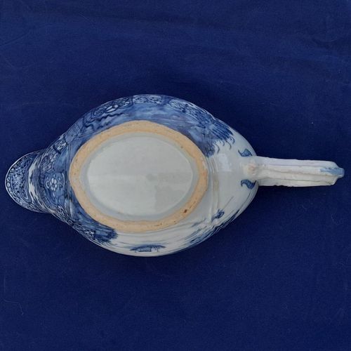 Underside view - Chinese Export Porcelain Blue & White Sauce Boat Garden Terrace Pattern with River & Island - Bulbous shape Gadrooned & unfooted - Qianlong Qing 1760