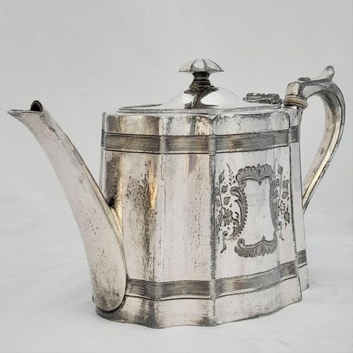 front left view - James Dixon & Sons silver plated Commode shaped EPBM tea pot engine engraved design - antique George V circa 1920 2 pint capacity