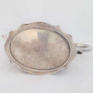 Underside view - James Dixon & Sons silver plated Commode shaped EPBM tea pot engine engraved design - antique George V circa 1920 2 pint capacity