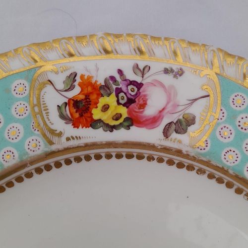 Detail cartouche 1 - John Rose Coalport Porcelain dessert plate - Oeil de Perdix Union pattern border floral cartouches circa 1825