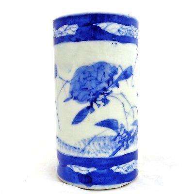 Antique Japanese Porcelain Brush Pot Meiji Period Hand Painted B&W Floral 1890