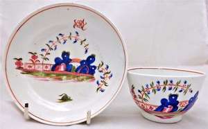Antique Keeling Porcelain Tea Bowl & Saucer Two Blue Rocks & Bridge Pattern 1805