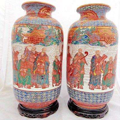 Pair Kutani Vases Antique Japanese Hyoyu Hand Painted Porcelain Vases Meiji 20"