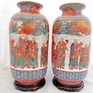 Pair Kutani Vases Antique Japanese Hyoyu Hand Painted Porcelain Vases Meiji 20"