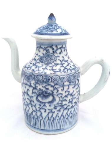 Chinese Porcelain Cylindrical Teapot HP Blue Qianlong 乾隆 Qing 清代 Antique c 1780