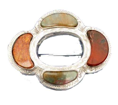Antique Victorian Silver Scottish Agate Oval Quatrefoil Brooch Pin c 1880