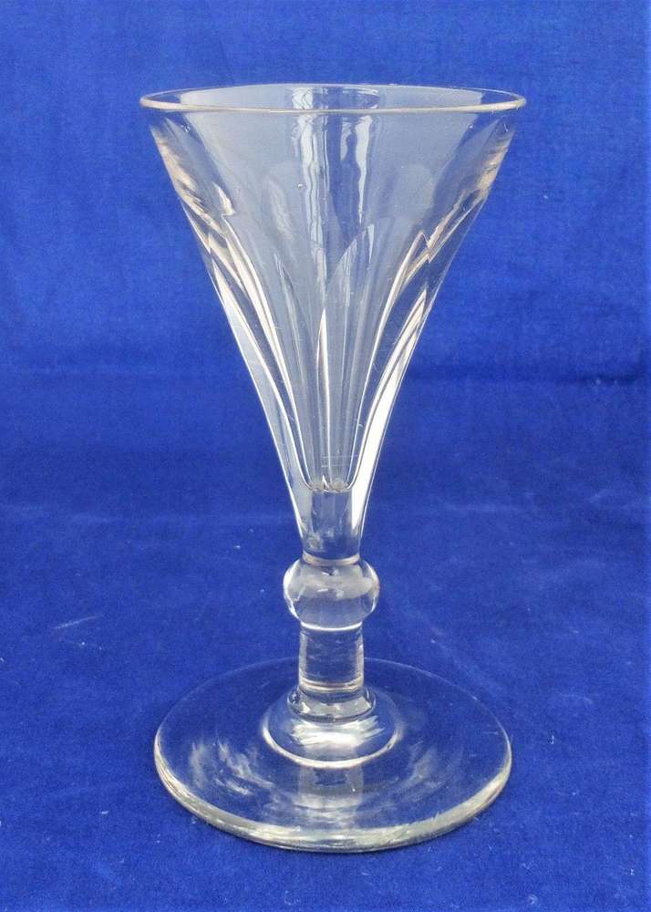 Antique Regency Wine Glass Panel Cut Drawn Trumpet Bowl Ball Knop Stem ca 1820