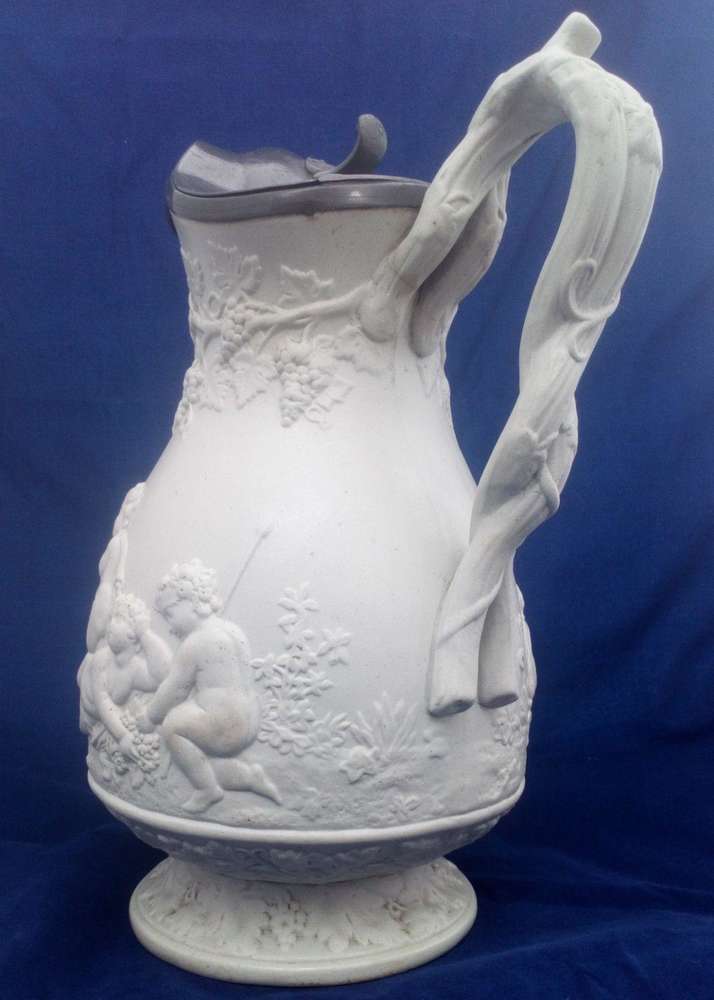 Antique Scottish Stoneware Wine Ewer Pewter Lid Relief Moulded J & M.P Bell 1850