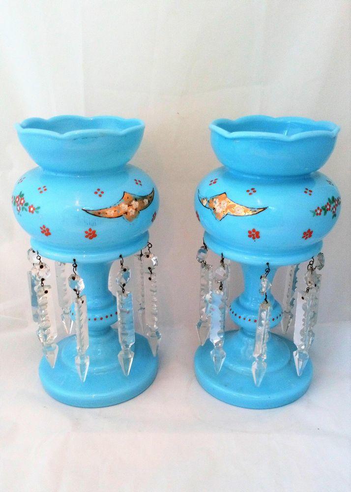 Pair of Blue Opaque Glass Mantle Lustre Vases Antique Victorian c 1870