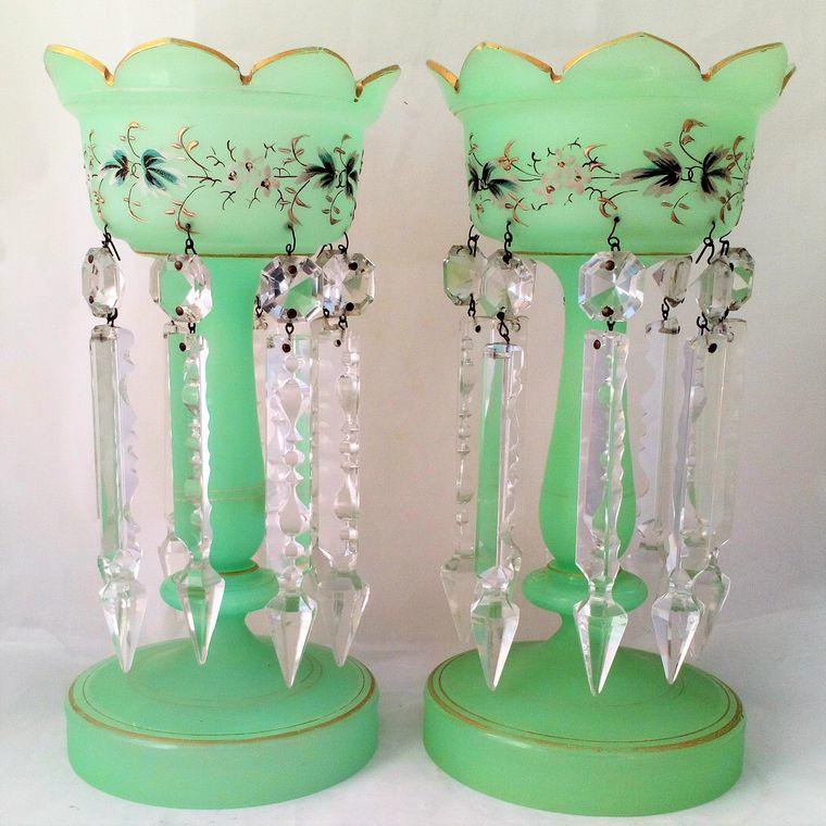 Pair of Green Opaque Uranium Glass Mantle Lustre Vases Antique Victorian