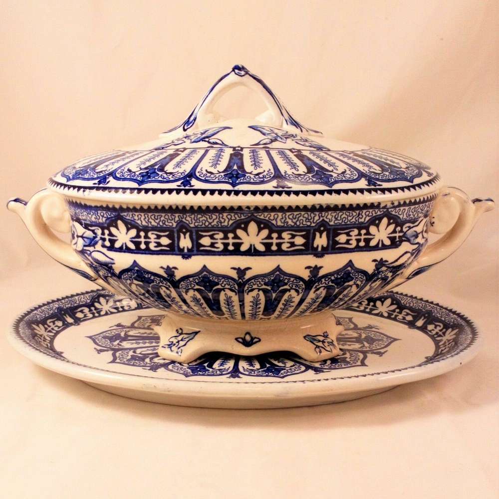 Antique Blue Transferware Sauce Tureen and Stand Burgess & Leigh Aesthetic c1880