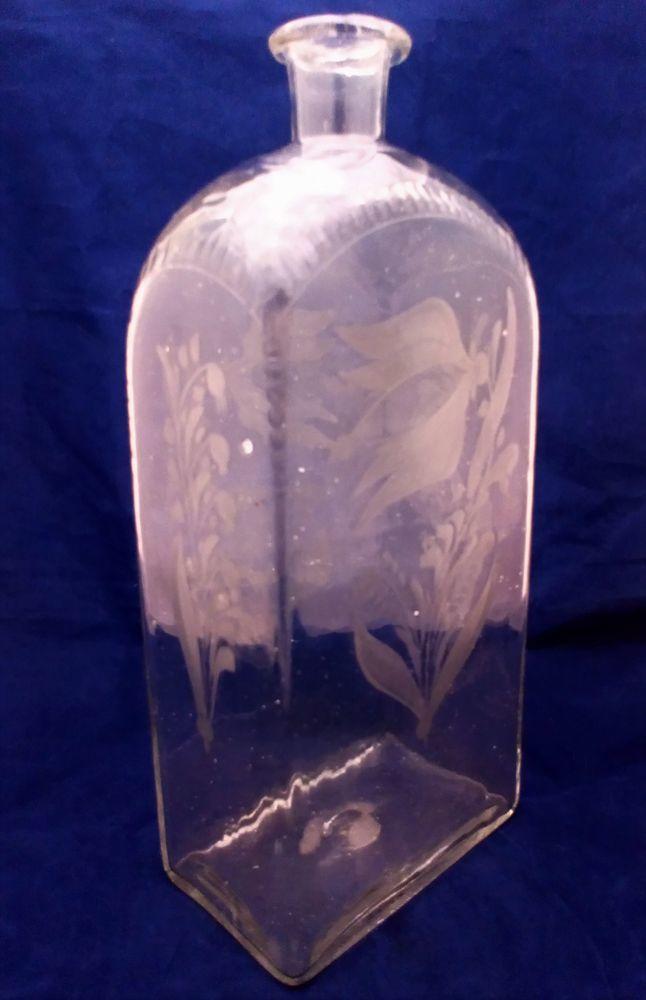 Large Dutch Engraved Glass Spirit Decanter circa 1750 Tulips and Lily