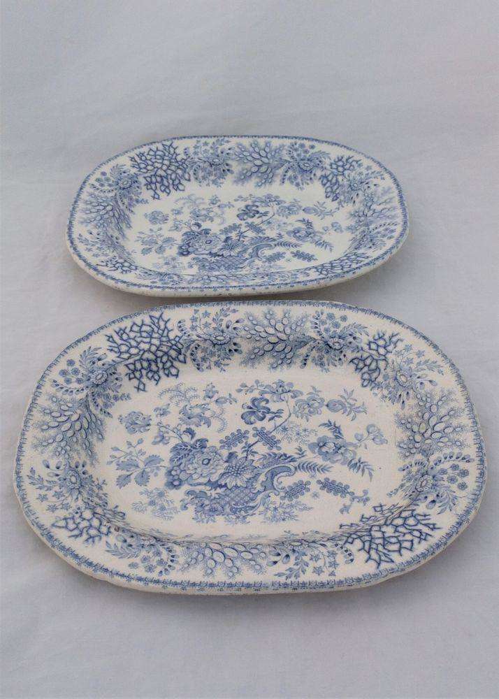 Pair Transfer Printed Blue and White Seaweed Floral Meat Plates c 1840