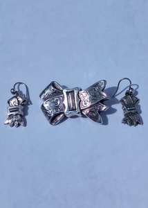 Antique Victorian Silver Demi Parure Set Bow Shape Brooch Drop and Earrings 1890