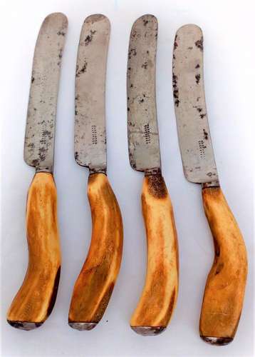 Set of Four Stag Horn Handled Cast Steel Knives Antique Cutlery c 1860